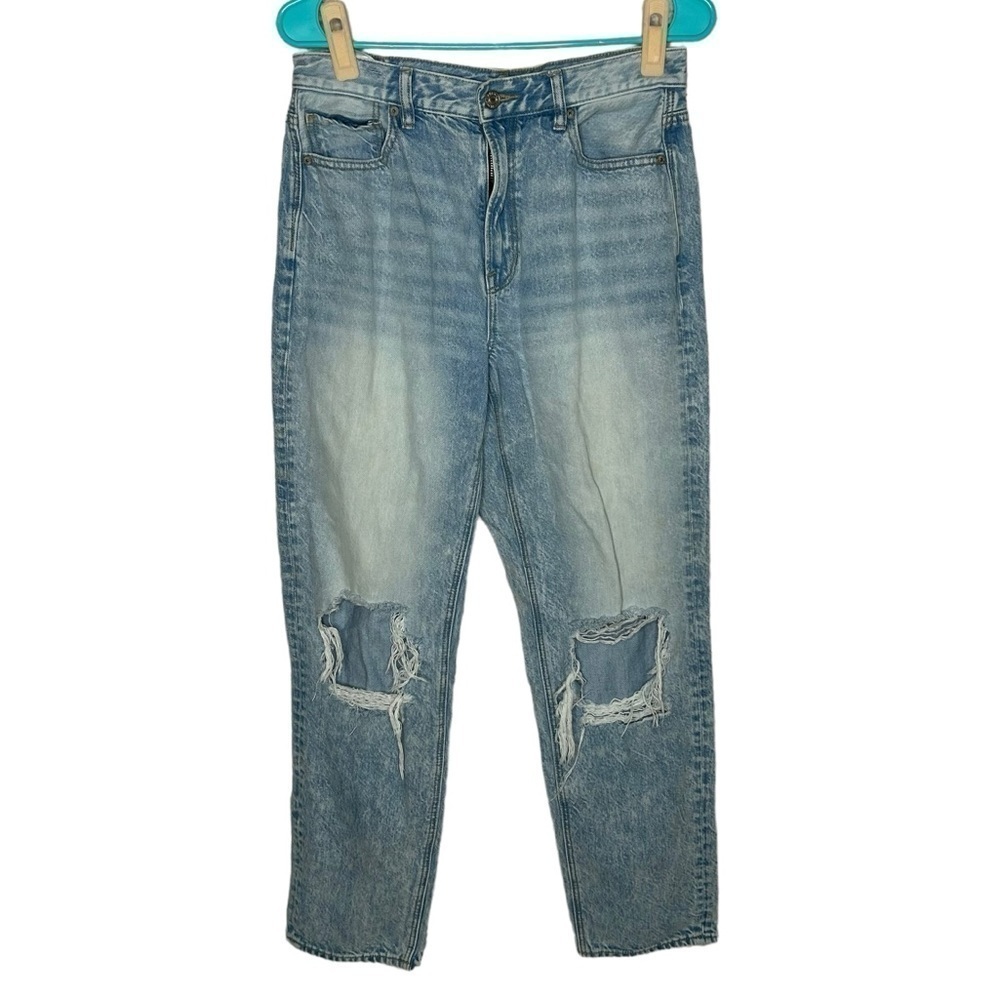American Eagle Mineral Wash Destroyed Knee Straight Leg Mid Rise Jeans